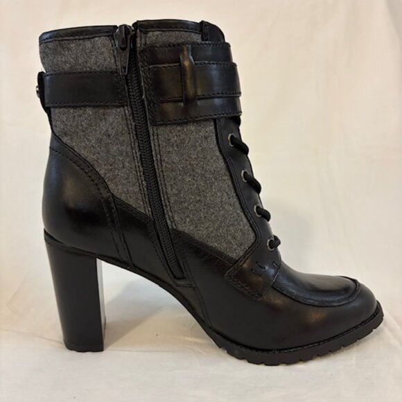 NWOB Antonio Melani Black/Gray Leather & Fabric High Heel Lug Sole Ankle Bootie - Picture 3 of 12